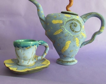 Whimsical Teapot, Teacup and Saucer