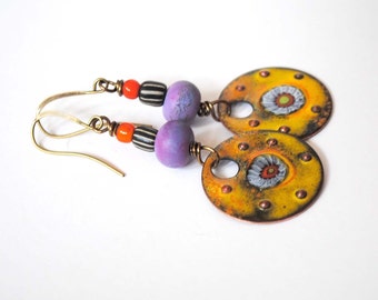Bright Yellow Earrings, Enameled Copper Earrings, Lampwork Glass Bead Earrings, Colorful Artisan Earrings, Boho Chic Earrings,