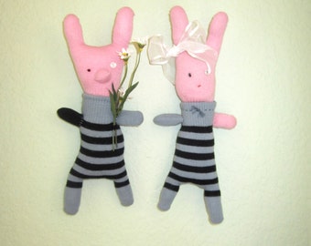Stuffed Animal, couple, doll, pig, bunny, rabbit, wall sculpture, pink, grey, black