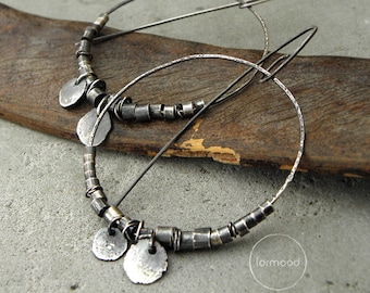 100% Ag - earrings, raw sterling silver, hoop earrings, oxidized raw earrings