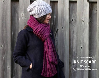 LONG KNIT SCARF, Knit scarf, knit shawl, Chunky long knit scarf, Winter shawl, Knit winter scarf in berry, cozy soft, Blanket scarf