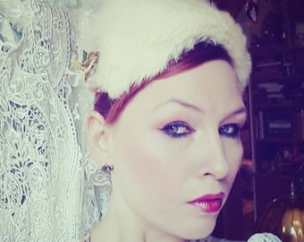 Fur vintage fascinator with velvet flowers