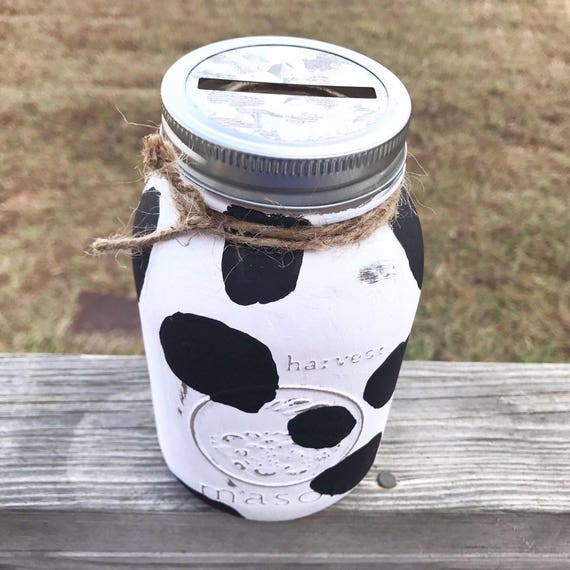 Cow Painted Piggy Bank Painted Mason Jar Money Bank Black