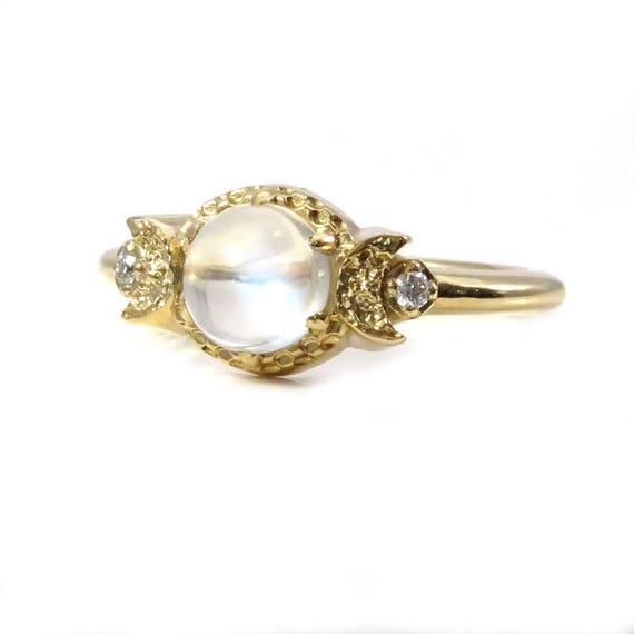 Moonstone and Diamond Crescent Moon Engagement Ring - 14k Yellow Gold
