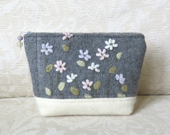 Spring Flowers Zippered Pouch 2, Gray and White, Floral Upcycled Felted Sweater Wool Clutch