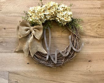 Front Door Wreath-Hi Wreath-Farmhouse Decor-Rustic Decor-Monogram Wreath-Housewarming Gift-Hydrangea Wreath-Unique Wreath-Door Wreath