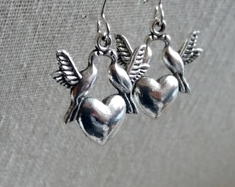 Love Birds Earrings. Heart Earrings. Silver Love Heart Earrings Love Jewelry. Dangly Dangle Earrings. Whimsical Earrings. Christmas Gift