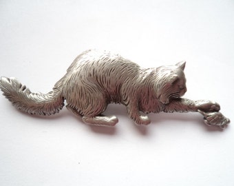 Vintage Signed JJ Silver pewter Cat playing with Tortoise Brooch/Pin