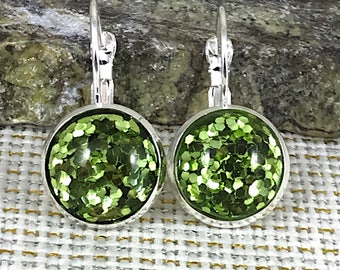 St Patrick's Day Earrings - Green Glitter Earrings - Leverback Earrings - Green Jewelry - Green Earrings - St Patricks Day Jewelry - Irish
