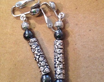 Hematite and silver clip-on