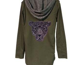 Women Army Green Parka Jacket with Puma