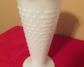 Anchor Hocking Fire-King White Milk Glass Hobnail Dots and Dash Tall Vase with Footed Base 1960's