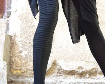 NEW COLLECTION Black Extra Long Leggings / Ribbed One Leg Front / Viscose Elastic Back Ultra Soft and Comfy Tights by Aakasha A05539