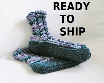 Teal Womens Bedsocks Slippers, Hand Knitted Blues and Purples, Ladies Size 9 - 10