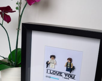 Shadow Box Frame//Star Wars//I Love You I Know//Han Solo//Princess Leia//Minifigures//Geek//Love//Couple//Lego//Anniversary//Engagement