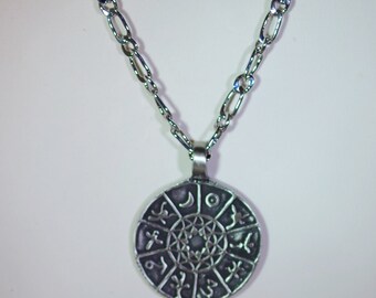 Large Brushed Zodiac Pendant on Rhodium Necklace