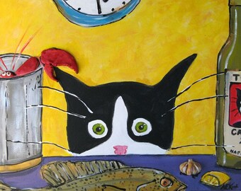 Funny Cat Art - Tuxedo Cat with Lobster - Tuxedo Cat Print - 5x7 Print - Silent Mylo Tuxedo Cat - Gift for Cat Lover