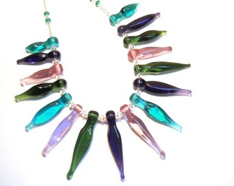Spike artisan necklace lampwork glass bead, handmade aqua, green, purple lampwork jewelry, lamp work art beads, SRAJD art glass accessory
