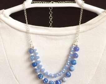 Blue Necklace Blue Agate Necklace Beaded Double Strand Blue Necklace Beaded Bib Necklace Layer Blue Bib Necklace Blue Bead Gemstone Necklace