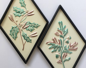 Mid Century Art Holiday Decorating Metallic Mint and Pink Diamond Shaped Pair Pastel Christmas Foliage Oak and Holly