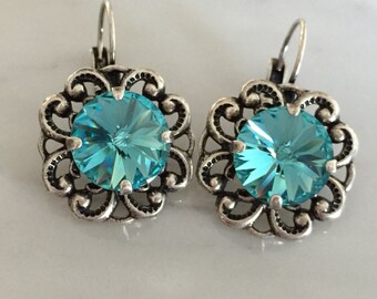 Light Turquoise Swarovski Crystal Earrings, Antique Silver