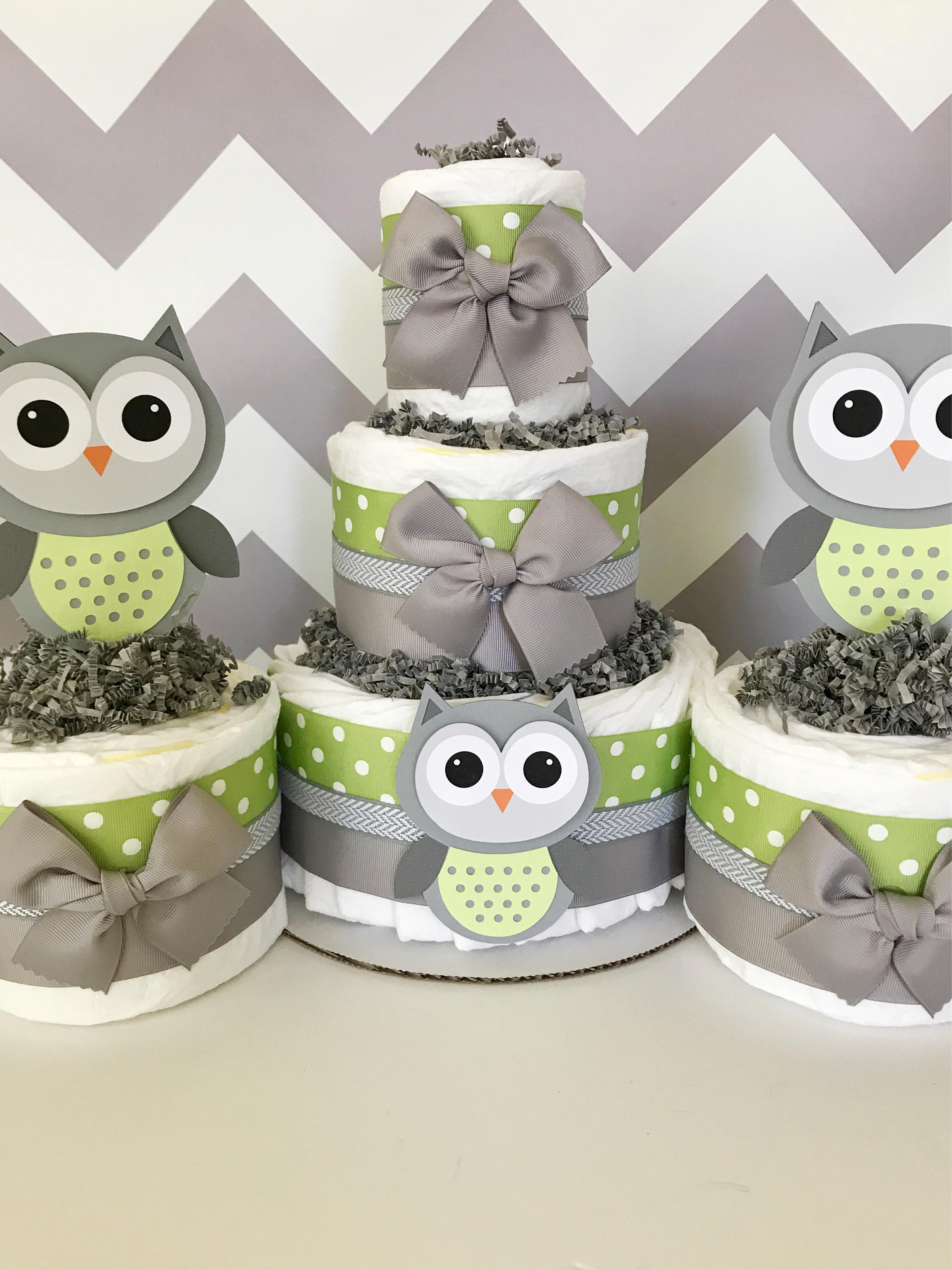 SET OF 3 Owl Diaper Cakes in Sage Green and Gray Owl Baby
