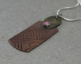Mixed Metal Necklace Etched Brass Copper Pink Tourmaline Sterling Silver Chain Gift for Her