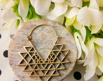 Sri Yantra Earrings, Tribal Brass Earrings. Hoop Earrings, Brass Tribal Earrings, Boho Earrings. Gypsy Earrings. Ethnic Earrings