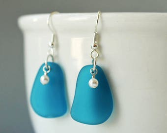 Dark blue earrings white pearls blue sea glass earrings blue seaglass jewelry seaglass earrings sea glass jewelry handmade earrings beach