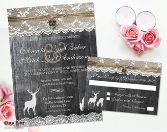 Country Rustic Deer Wedding Invitations Burlap and Lace Rustic Wedding Printable Invites set Cottage Chic Buck and Doe, Wood Burlap Lace DIY