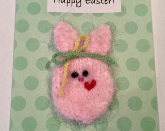 Handcrafted Easter Card with Handknit Fluffy Pink Bunny with Lined and Embossed Envelope and Confetti!