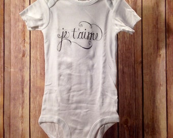 je t'aime (I love you) hand-printed French baby boy or girl one piece bodysuit Paris