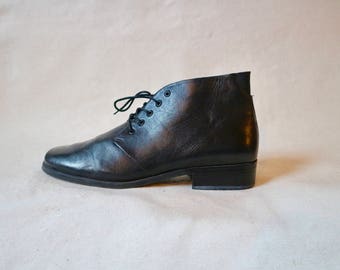 Black Leather Lace Up Ankle Boots