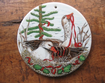 Vintage 1984 Holiday Round Trivet or Wall Hanging Decoration Geese Nesting Midwest Importers of Cannon Falls, Inc.