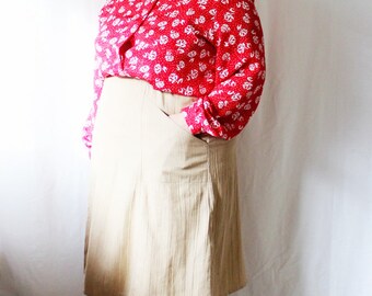 Plus Size - Vintage Beige Crinkled Fabric A-Line Skirt (Size 16)