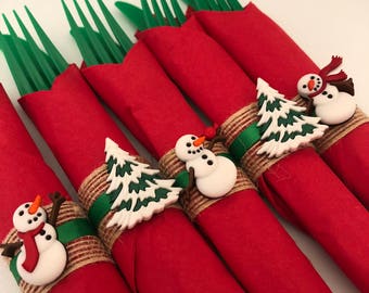 Holiday Flatware with Christmas Napkin Ring, Disposable Christmas Flatware, Holiday Party Tableware