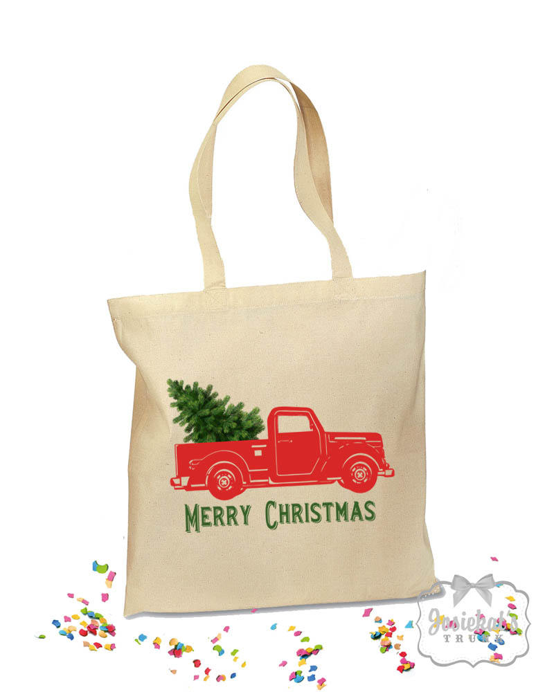 Pickup Truck Tote Bag Christmas Gift Bag Red Truck Tree