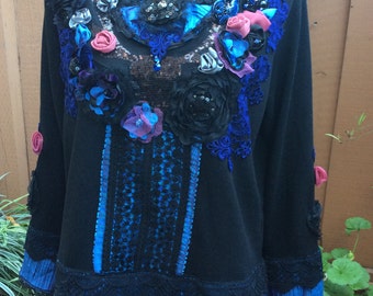 Midnight blue -Art to wear Altered Couture Bohemian Romantic Top Blause Handcrafte One size M, L, XL