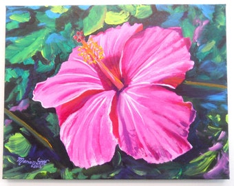 Pink Hibiscus Original Acrylic Painting from Kauai Hawaii, Tropical Flower Art, Hot Pink Hibiscus Hawaiian