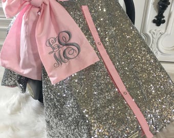 Silver sparkle car seat canopy with bow and name / carseat cover / carseat canopy / ooak / sequin / infant car seat cover / silver / sparkle