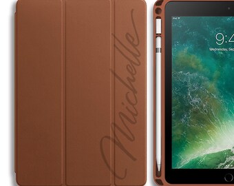 iPad case pencil holder 9.7 2017 2018 version, personalise custom name, with auto sleep / wake function, soft protective case, brown