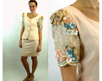 1980s suit sequins and beads peach blush brocade 80s glam Rickie Freeman Size 8