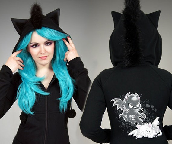 Items similar to Black Cat hoodie Ears Mohawk Bad Kitty ...