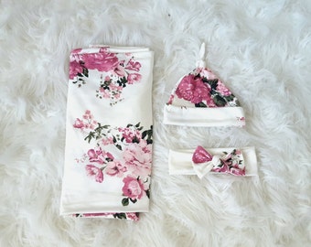 Baby swaddle set in "Ava" Creamy white and Pink Floral, Luxury Collection, headband, baby photo prop, hospital set, baby gift, stretchy swa