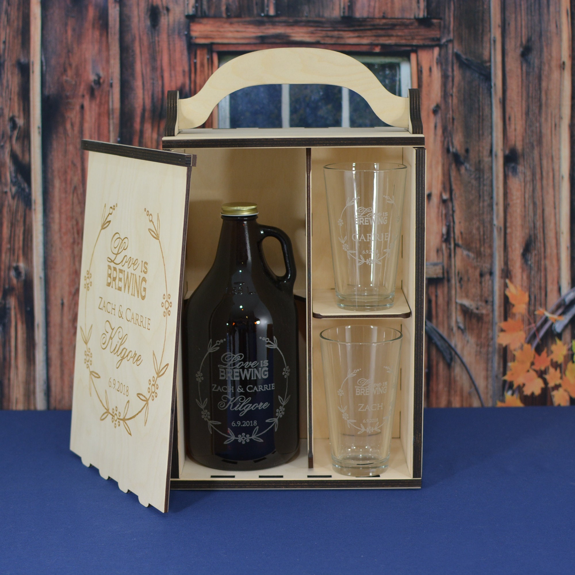 Personalized Wood Beer Growler Gift Box Set with Growler and 2 Pint or