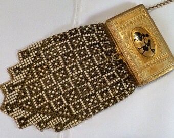 Art Deco Whiting & Davis White and Gold Mesh Bag with Compact Under the Lid