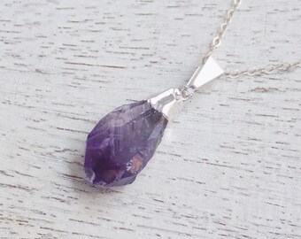 Raw Amethyst Necklace, Purple Crystal Necklace, Boho Necklace, February Birthstone, Rough Amethyst Pendant, Purple Necklace, Silver, 10-206