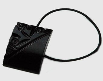 Black Plastic Hair Accessory, Domed Rectangle Shape, Ponytail Holder made from Vintage Button, Carved Flower Design, Possibly Bakelite
