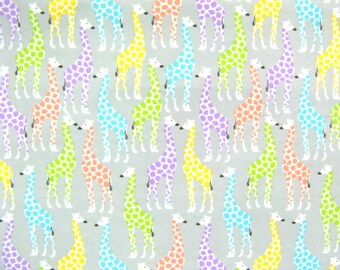 Clearance Flannel Fabric in a Fun Gray with Soft Color Giraffe Print 1 Yard