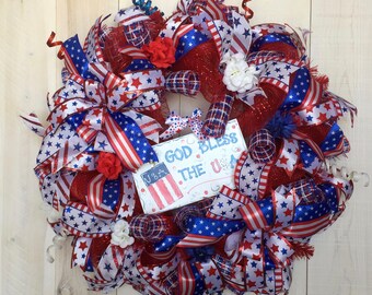 Patriotic Wreath Bless USA Wreath deco mesh Fourth of July Memorial Day Red White Blue Patriotic wired ribbon DecoExchange